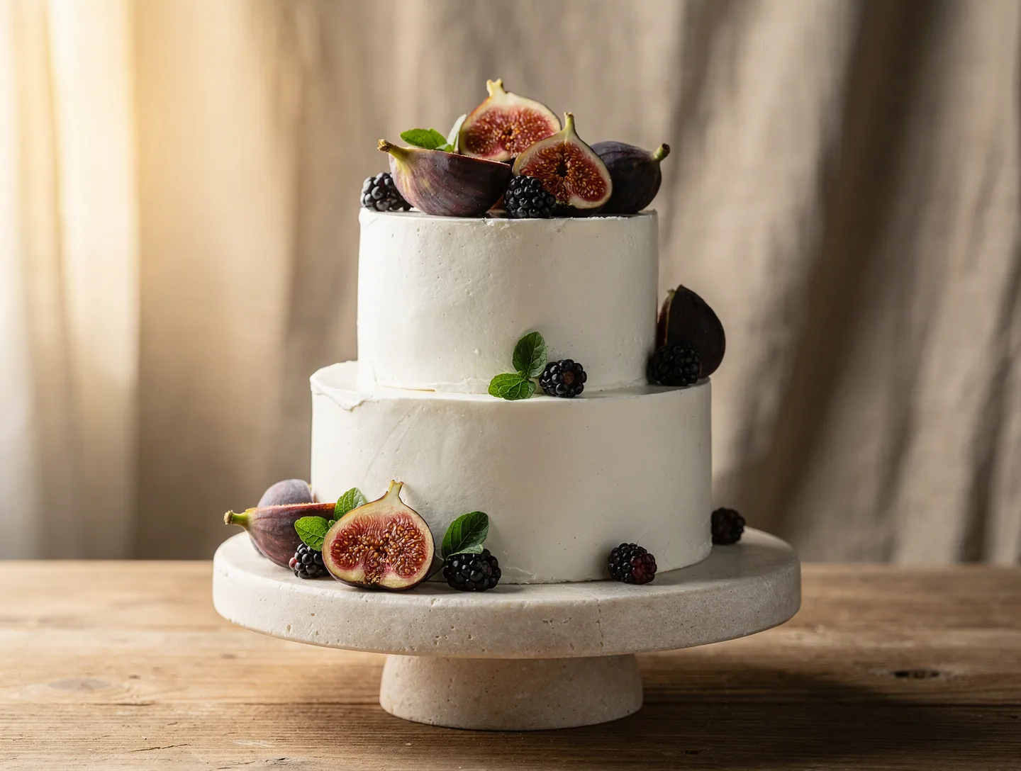 Dvojposchodová biela torta s figami a černicami na kamennom stojane